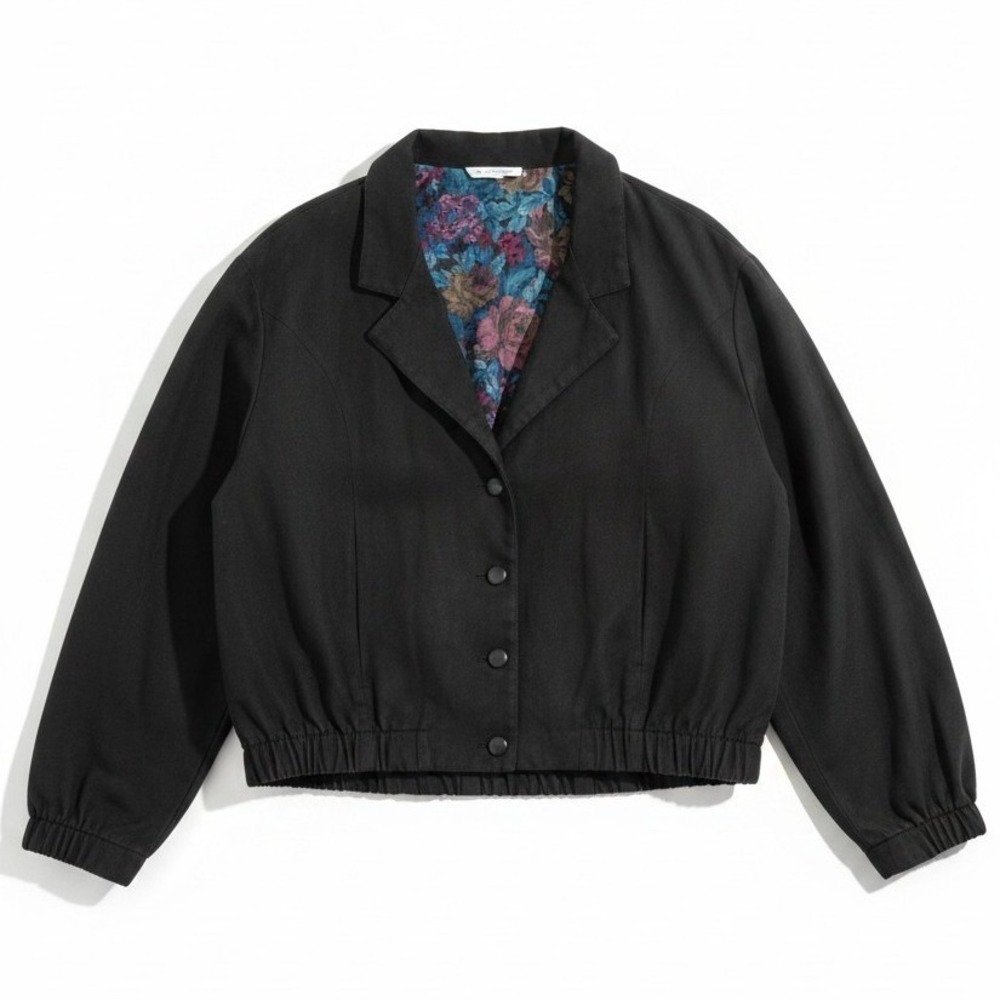 Jessica Scott Black Faux Suede Bomber Jacket, Floral Lining, Women's Small, Vtg